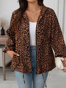 SHEIN LUNE Plus Size Leopard Print Zip Up Pocket Jacket, Casual Everyday Fall Clothes Clothes - Rust Brown - View 1