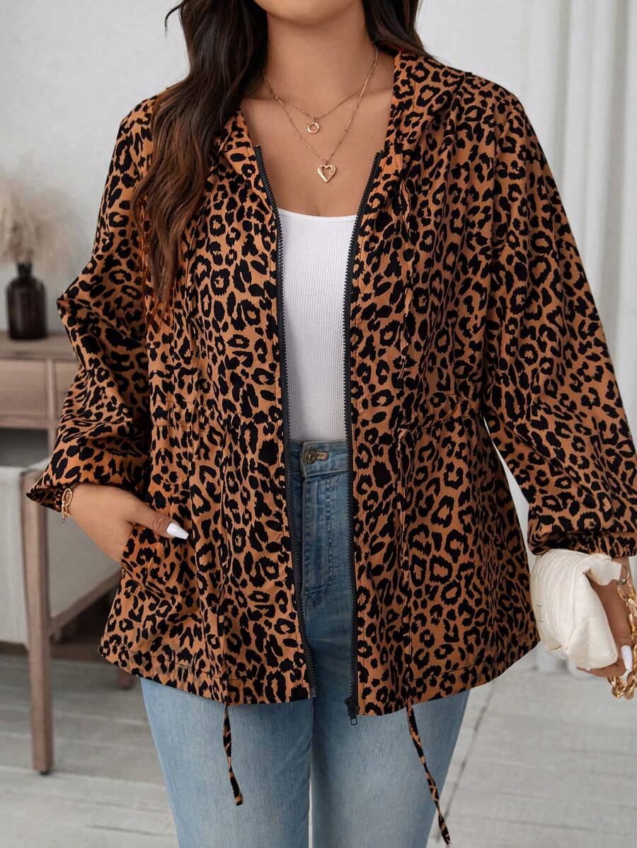 SHEIN LUNE Plus Size Leopard Print Zip Up Pocket Jacket, Casual Everyday Fall Clothes Clothes - Rust Brown - View 1