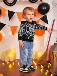 Babyjongens schattige Halloween Spinnenweb Print Hoodie met Oogpatroon, Lange Mouw Sweatshirt voor Fotografie, Feest, Casual, Geschikt voor Herfst & Winter