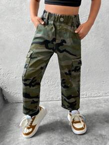 Girls Casual Y2K Street Style Camouflage Flap Pocket Side Cargo Denim Jeans - Multicolor - View 1