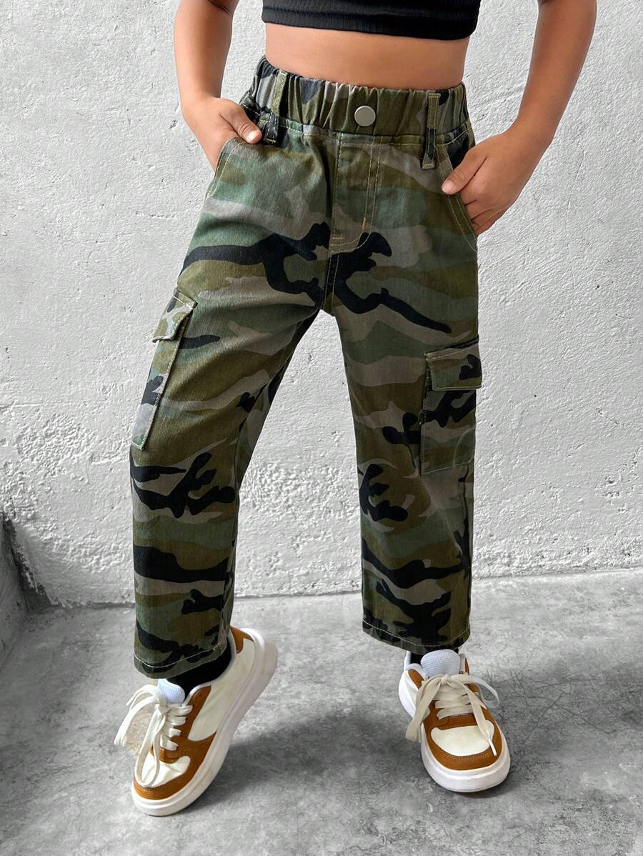Girls Casual Y2K Street Style Camouflage Flap Pocket Side Cargo Denim Jeans - Multicolor - View 1