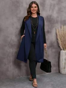 EMERY ROSE Plus Size Women Solid Color Casual Vest Jacket - Navy Blue - View 3