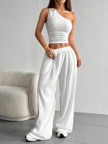 SHEIN Unity 纹理面料不对称肩部服装 - 白色 - 查看 1