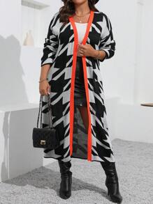 SHEIN LUNE Plus Size Feminino Contraste Cor Impresso Casual Manga Longa Cardigan, Para Inverno