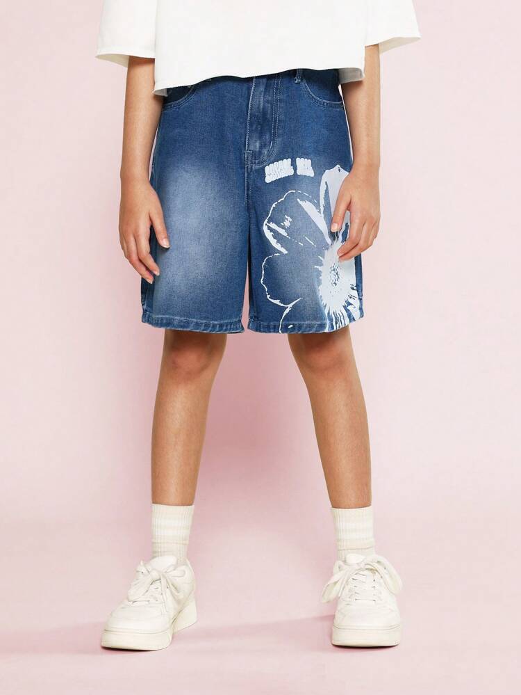 Mädchen Teenager  Denim Shorts mit Blumen Grafik Muster