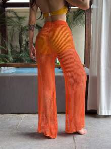 INAWLY Women's Solid Color Hollow-Out Loose Sheer Sweater Pants Set - Orange - View 2