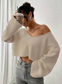 SHEIN Unity Women's Oversized V-Neck Textured Knit Casual Sweater, Autumn/Winter,Long Sleeve Tops, Knit Pullover Fall - Apricot - View 5