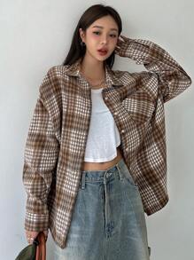 DAZY Women's Spring & Summer Plaid Pocket Loose Long Sleeve Blouse