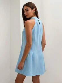 COSMINA Váy ngắn đơn giản không tay buộc dây màu trơn cho nữ, đi nghỉ thường ngày, dáng chữ A, váy ngắn màu xanh nhạt - Màu xanh nhạt - Xem 2