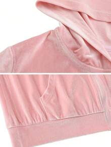 Women's Solid Color Full Zip Hoodie With Pocket And Drawstring Pants, Casual Velvet Tracksuit Set - Pink - View 3