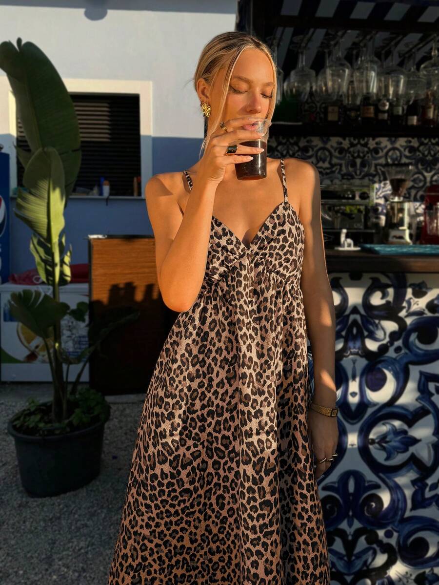 SHEIN EZwear Leopard Print Woven Spaghetti Strap Women's Vacation Dress - Brown - View 1