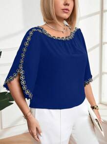 Plus Size Floral Embroidered Decor Blue Blouse For Women, For Summer