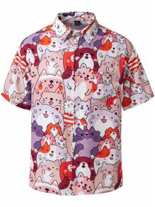 Manfinity Hypemode Men's Allover Cat Print Button-Up Short Sleeve Shirt - Multicolor - View 3