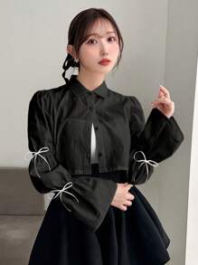 FRIFUL 女士时尚蝴蝶结装饰喇叭袖短款衬衫，春秋长袖上衣