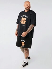 Manfinity VCAY 2pcs/Set Plus Size Men's Casual Bear Pattern Print Loose Dropped Shoulder Short Sleeve T-Shirt And Drawstring Waist Straight Leg Shorts, Suitable For Summer Daily Wear - Black - View 4