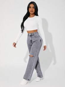 SHEIN PETITE 女式纽扣环腰带直筒休闲时尚破洞设计牛仔裤 - 淺灰色 - 查看 4