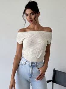 SHEIN Privé Suéter elegante y sencillo de punto para mujer con hombros descubiertos, parte superior suelta y Bottom ajustada - Albaricoque - Ver 5