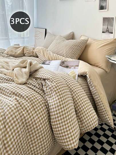 3pcs Duvet Cover Set (1*Duvet Cover + 2*Pillowcase, Without Core), Minimalist Small Plaid Print Bedding Set, Soft Comfortable Duvet Cover, For Bedroom, Guest Room