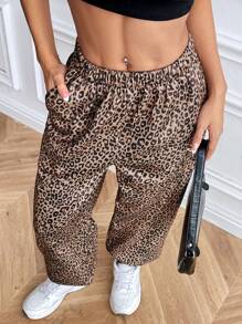 Flirla Women's Leopard Print Drawstring Waist Casual Sweatpants - Multicolor - View 1
