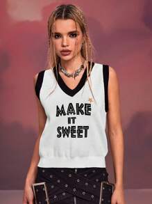 SHEIN X Care Bears 女士撞色边饰字母图案针织毛衣背心