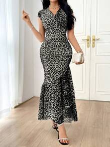 Modelyn Women's Leopard Print V-Neck Short Sleeve Dress Long Evening Dresses - Black and White - View 6