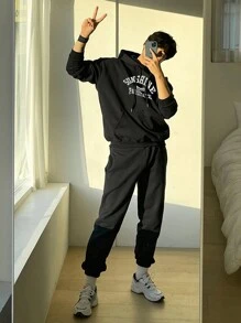 DAZY Men's Letter Print Hoodie Sweatshirt And Sweatpants Black Set, Fall - Black - View 6