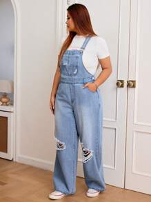 SHEIN EZwear Plus Size Retro Ripped Denim Overalls With Strap Design, Casual Streetwear