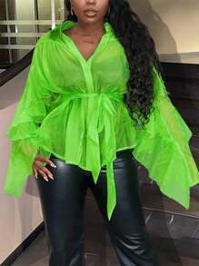 Slaydiva Camisa de mujer semitransparente de manga larga, de chifón, color verde fluorescente, con cuello con solapas, tirantes y decoración de volantes, elegante y casual