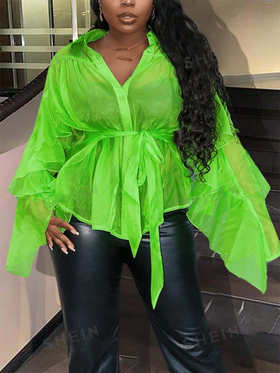 Slaydiva Camisa de mujer semitransparente de manga larga, de chifón, color verde fluorescente, con cuello con solapas, tirantes y decoración de volantes, elegante y casual