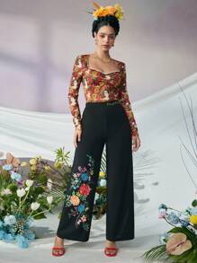 Frida Kahlo X SHEIN Fall And Winter Black Floral Print Artist Straight Leg Pants - Black - View 6