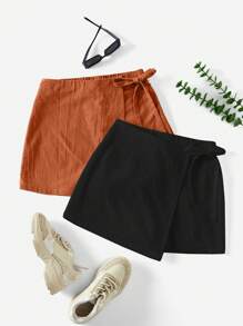 SHEIN Essnce 女士纯色扭纹不对称下摆休闲短裤夏季2条装短裙配短裤蝴蝶结短裤女式亚麻短裤 - 棕色 - 查看 1