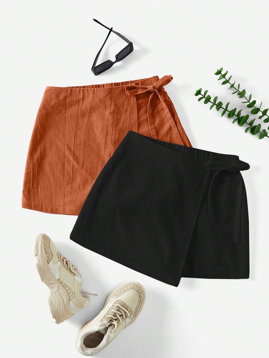 SHEIN Essnce 女士纯色扭纹不对称下摆休闲短裤夏季2条装短裙配短裤蝴蝶结短裤女式亚麻短裤 - 棕色 - 查看 1