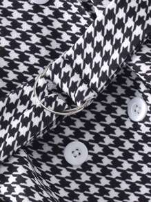 Tween Girl Houndstooth Patchwork Long Sleeve Top With Belt + Houndstooth Pants 2pcs Set - Black and White - View 6