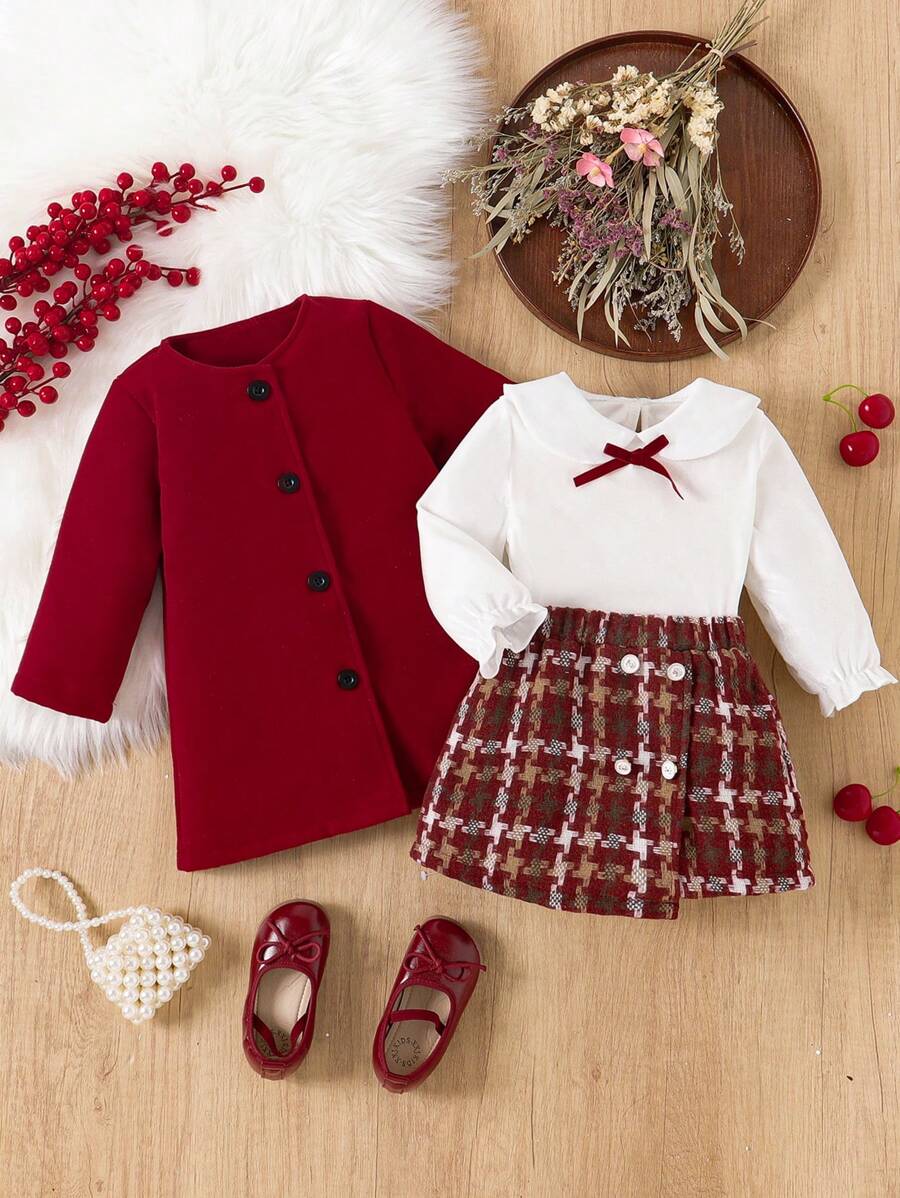 3 件套女婴冬季天鹅绒娃娃领结上衣、优雅酒红色格子裙和简约复古大衣套装