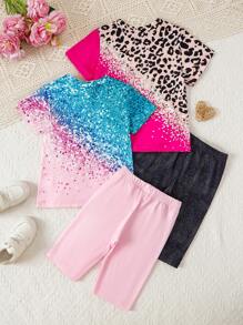 2pcs/Set Young Girl Crew Neck Short Sleeve Allover Print Shirt & Elastic Waist Casual Pants Set - Multicolor - View 2