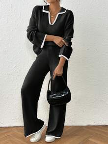 Joy针织女士休闲落肩宽松V领撞色包边毛衣和宽松阔腿针织裤套装（黑色） - 黑色 - 查看 4