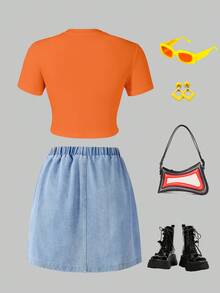 2 件装少女休闲花卉装饰 T 恤和花卉印花牛仔裙套装 - 橘色 - 查看 2