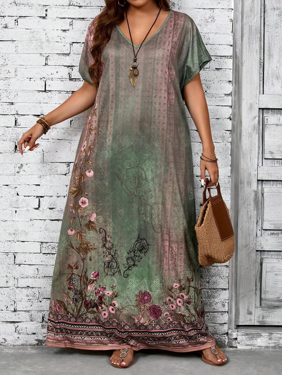 EMERY ROSE Plus Size Women Green Floral Print Dress, For Summer,Beach Dress Sundress,Holiday Outfits Boho - Green - View 1