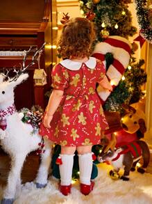 1 件装女婴圣诞节假期印花领腰褶边连衣裙，公主风格 - 彩色 - 查看 2
