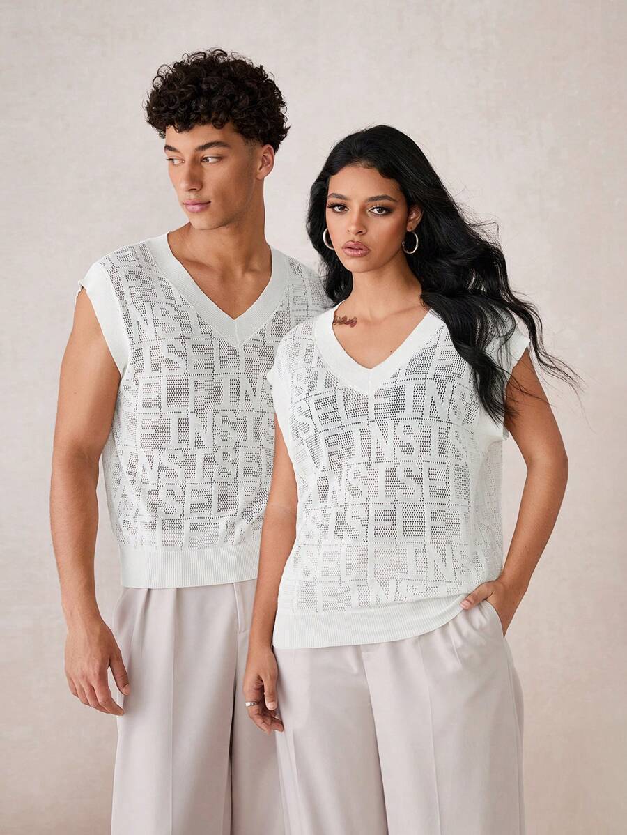 Manfinity VCAY Men's Loose Knit V-Neck Sweater Vest, Suitable For Autumn And Winter - White - View 1