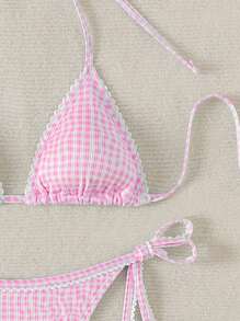 Swim Mod Halter Tied Back Plaid Bikini Top And Bottom Set, Casual Holiday Wear Summer - Pink - View 4