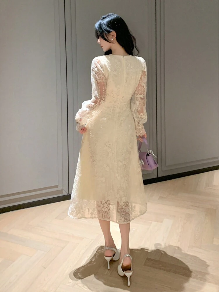 Women's Elegant Wedding Guest Lace V-Neck Dress, Spring,Fall Clothes Long Sleeve Dress Maxi Dress