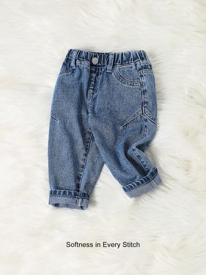 Cozy Pixies 男婴休闲可爱基本款设计开叉下摆蓝色胡萝卜牛仔裤，适合男婴室内/户外秋装