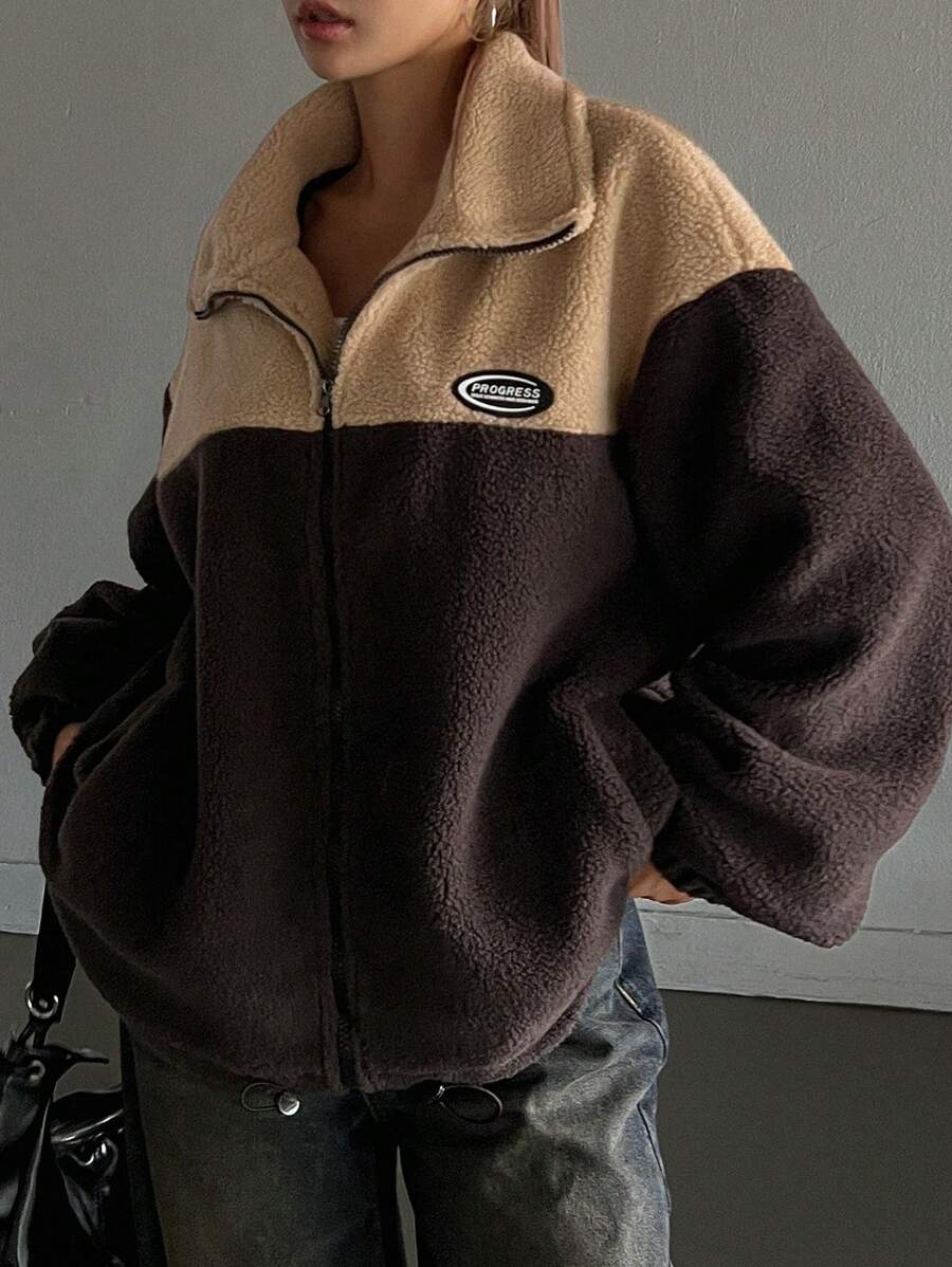 DAZY 女士拼色拼接宽松保暖夹克外套，冬季 - 棕色 - 查看 1