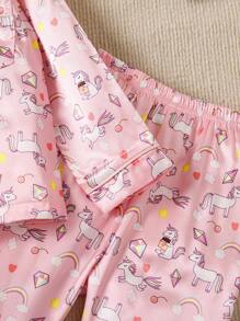 Conjunto de 2 peças de calças casuais e blusa de cetim com estampa de unicórnio para meninas