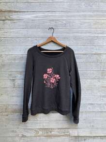 SHEIN LUNE Women's Casual Floral Print Long Sleeve Pullover Fleece T-Shirt, Loose Fit For Fall/Winter