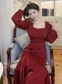 DAZY 女士纯色方领鱼尾连衣裙，生日、新年、舞会礼服，秋季红色女装，圣诞节优雅女装 - 酒紅色 - 查看 9