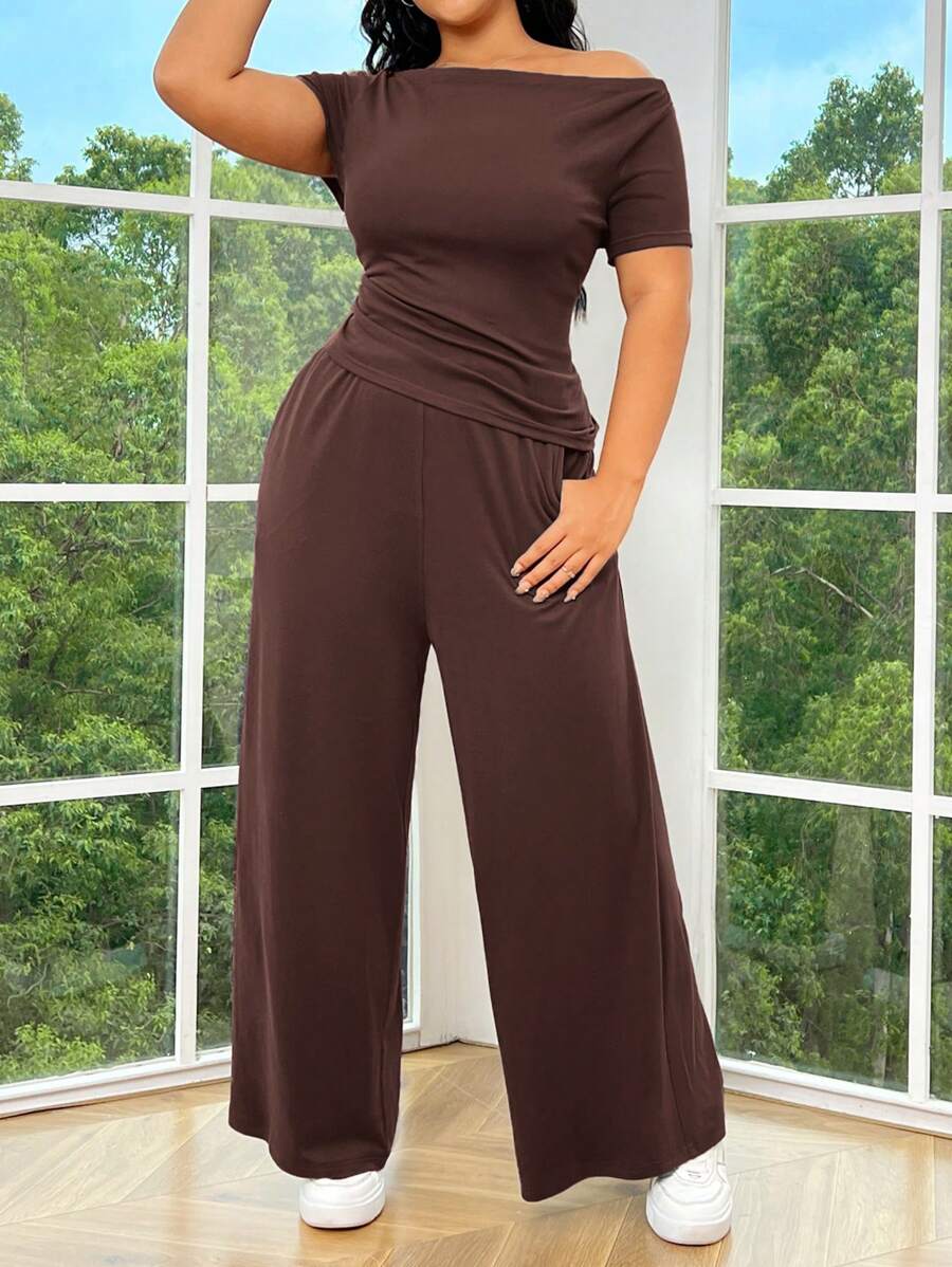 SHEIN EZwear 2pcs Plus Size Women's Asymmetrical Shoulder Top And Straight Leg Pants Knitted Set, Dark Grey - Brown - View 1