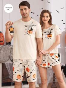Casual Men's Pumpkin Print Crewneck Short Sleeve T-Shirt And Shorts Sleepwear Set, Halloween - Apricot - View 1