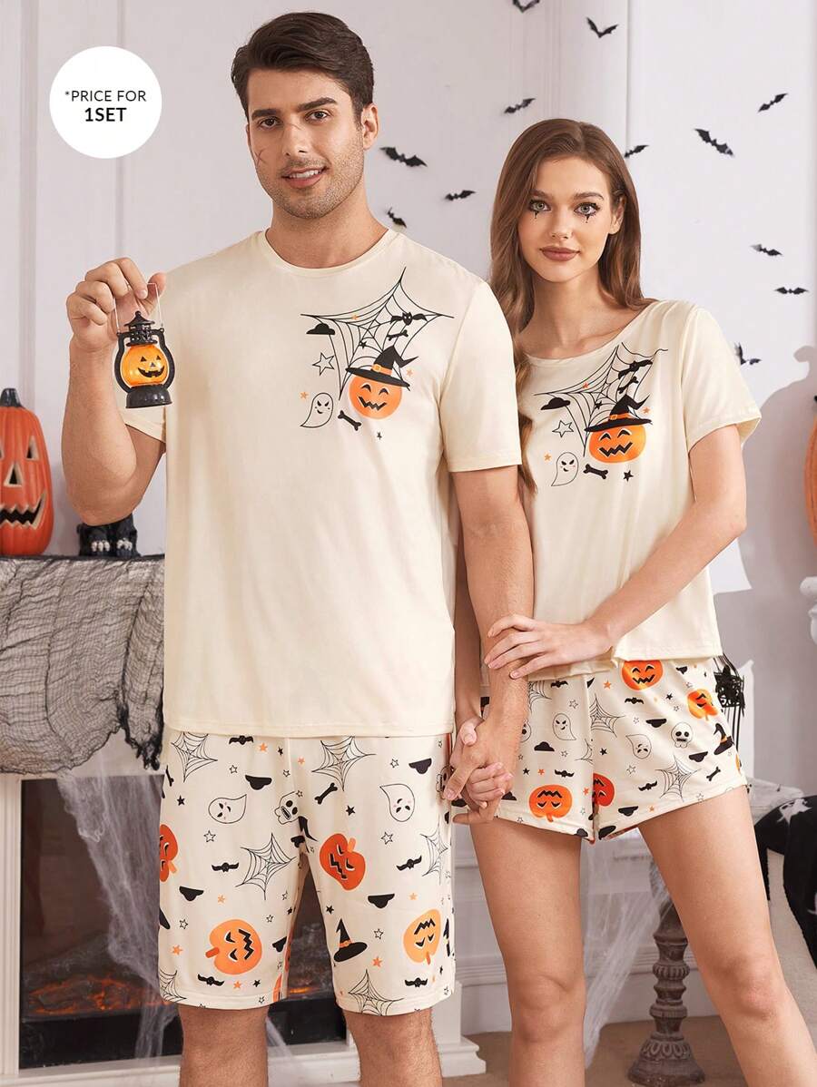 Casual Men's Pumpkin Print Crewneck Short Sleeve T-Shirt And Shorts Sleepwear Set, Halloween - Apricot - View 1